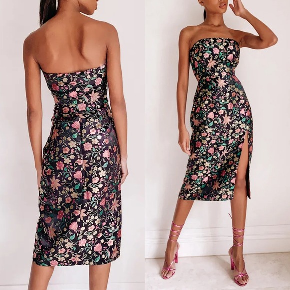 Lulus Dresses & Skirts - NWT Lulus Make A Move Black Satin Floral Jacquard Strapless Midi Dress Small
